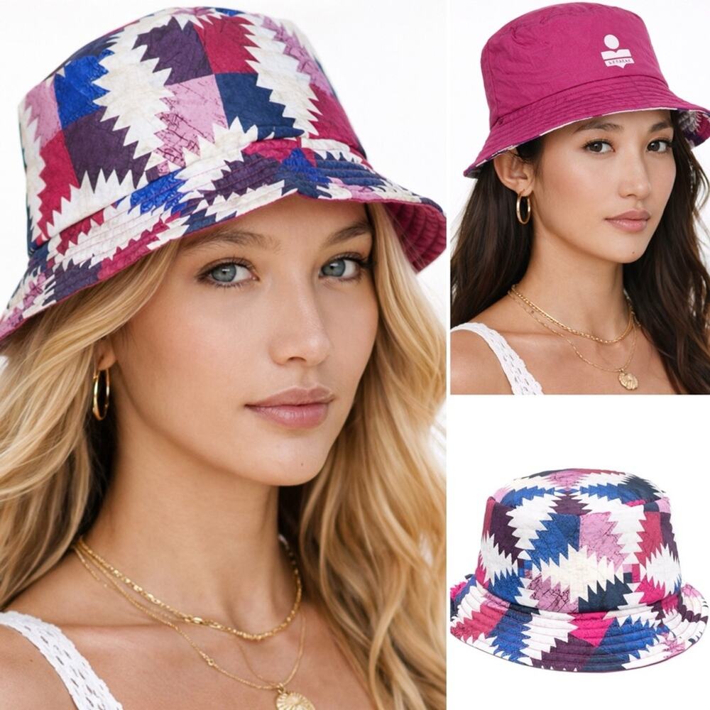 Isabel Marant Reversible Multicolor Haley Bucket Hat Patchwork White Pink EUC